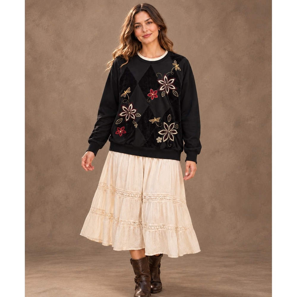 Alfred Dunner Black Velvet Patchwork Embroidered Floral Sweatshirt M